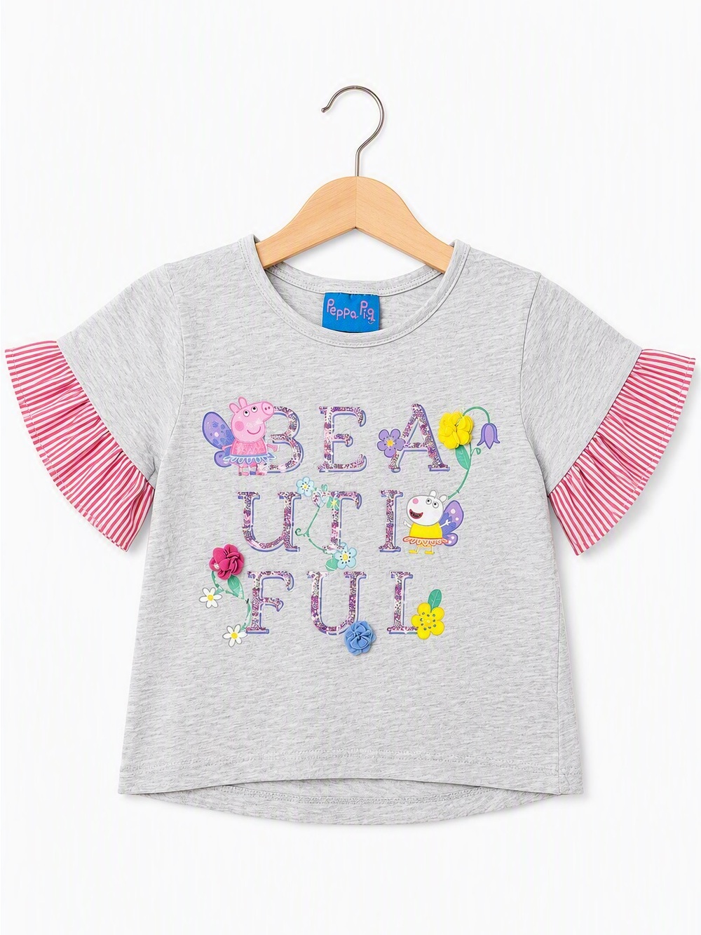 Official Peppa Pig Beautiful 3D Ribbon Flower Candy Striped Sleeve Tee 4T